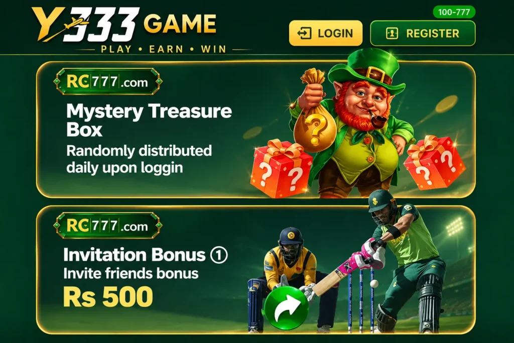 Y333 Game homepage interface with login and registration options