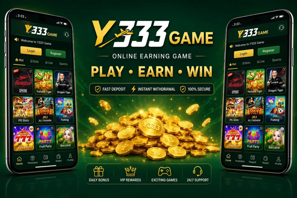 Y333 Game mobile app dashboard showing user account features